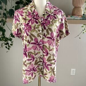 First Issue Floral Short Sleeve Button Up Pink Linen Blend 8 Cottagecore Summer